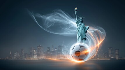 Obraz premium Dynamic composition of Statue of Liberty with glowing soccer ball and vibrant light trails representing sports excitement in New York City skyline at night