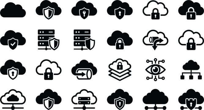 Cloud security and data protection glyph icon set with cloud lock, server shield, key, firewall, eye, layer, migration, and network symbols for cybersecurity and storage design