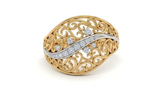 A stunning oval shaped ring featuring intricate rose gold filigree patterns with diamonds set.