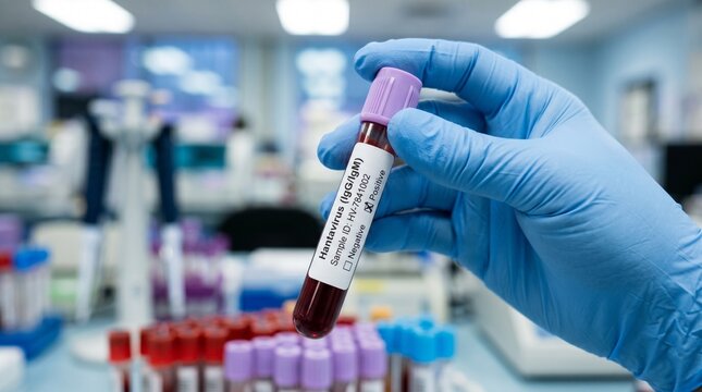 Medical professional in blue gloves holds a positive Hantavirus test tube in a laboratory setting with other samples