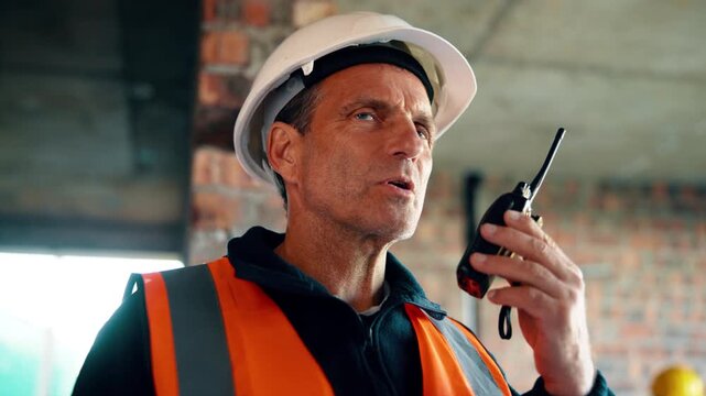 Construction, idea and radio with man on building site for planning, property development or vision. Communication, hardhat and thinking with mature developer on worksite for project management