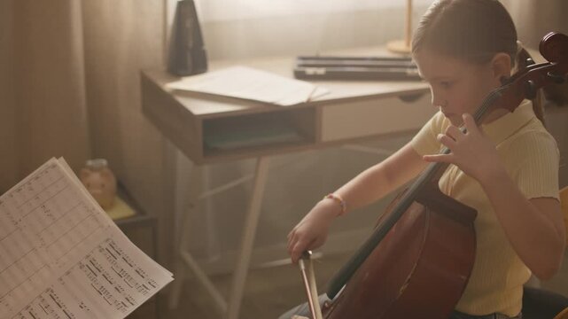 Handheld shot of children practicing cello at home, one holding sheet music while other playing instrument with bow. Clip is perfect for marketing music schools, private tutoring, or arts programs