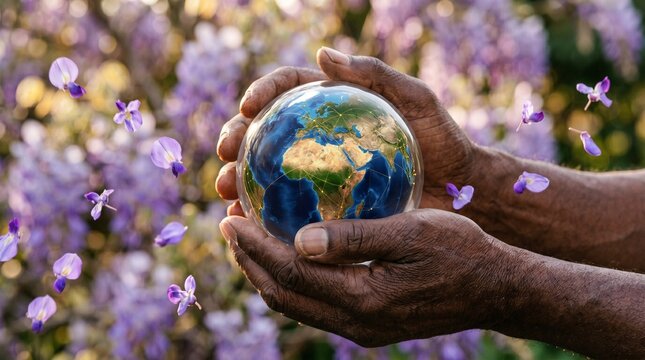 Hands holding a glowing Earth globe with interconnected lines symbolizing global network and communication amidst falling purple flowers