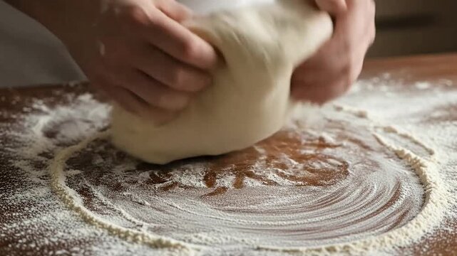 Hands kneading dough on floured surface.
