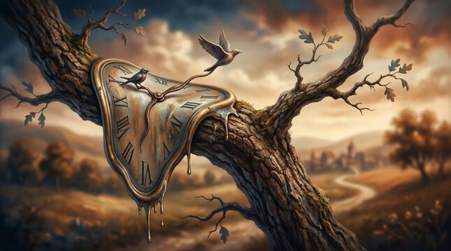 Melting clock hangs from an old tree branch as a bird flies away into the distant horizon.