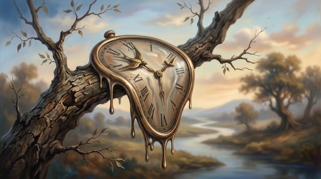 Melting pocket watch hangs from a gnarled tree branch overlooking a peaceful river landscape.