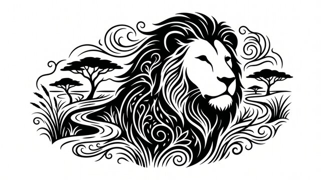 Lion head combined with savanna trees creates a decorative and artistic nature-inspired graphic element.