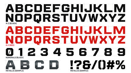 Alphabet Letters, Numbers, and Symbols, Black, Red, Metallic © Kuwadi