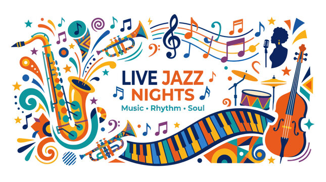 Vibrant Live Jazz Music Night Event Banner with Instruments and Notes