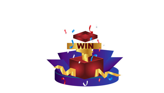 open gift box on a  podium with confetti explosion inside bokeh lights and win word, ideal for promotions and sales.