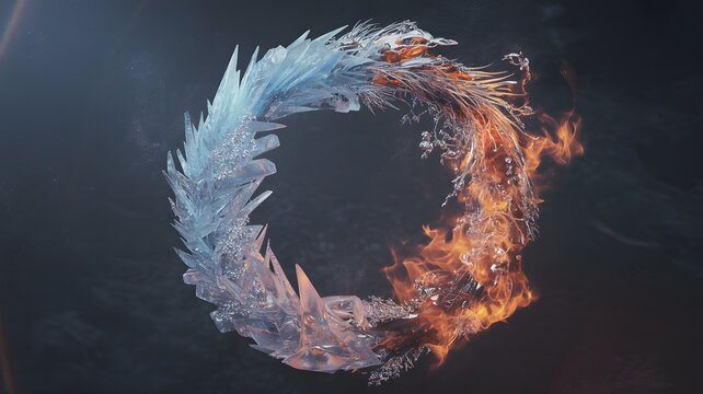 Elemental ring of ice and fire, abstract circular loop of frost and flame, 3d render