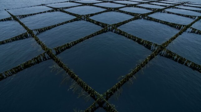 An aerial view of geometric aquaculture farming nets filled with growing seaweed floating on the calm dark blue ocean water surface