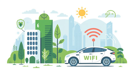 Obraz premium A white electric car with a WiFi antenna sits in a green city park next to buildings and trees under a bright sun.