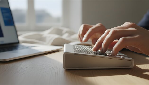 Close-up of a blind person using a braille display and laptop at a wooden desk, showcasing modern assistive technology and accessibility concept in a bright office environment