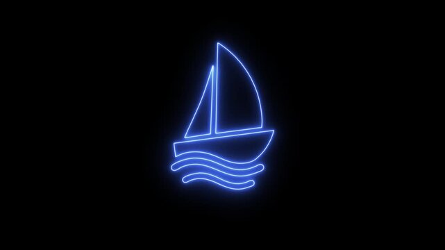 sailing boat on the water. Glowing Neon Toy Boat Icon Animation on Black Background