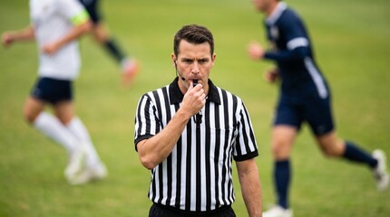 Fototapeta premium A man in a striped referee uniform blowing a whistle during a soccer match with players in the background.