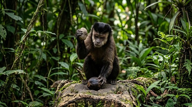 Capuchin Monkey Using Stone Tool to Crack Nut in Rainforest