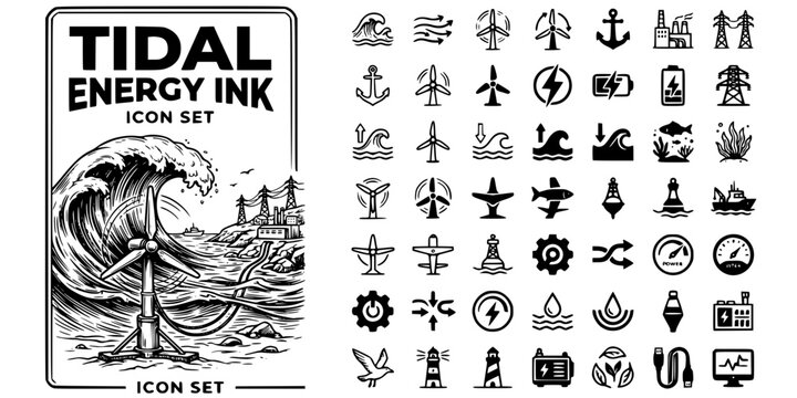 Tidal Wave Energy Ink Black White-Ocean Wave Turbine Coastal Station-Marine Energy Vector-Tidal Icon Ink-Clean Energy Design Set