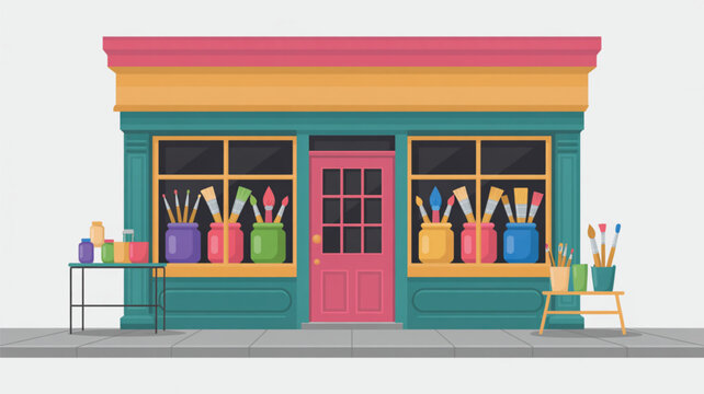 The flat design illustration depicts an art supply boutique storefront featuring colorful brushes in jars displayed in the windows and two small tables on the sidewalk.