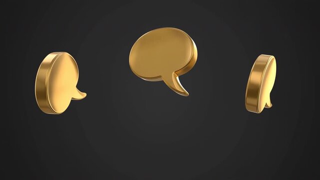 Rotating golden 3D speech bubble icons on dark background