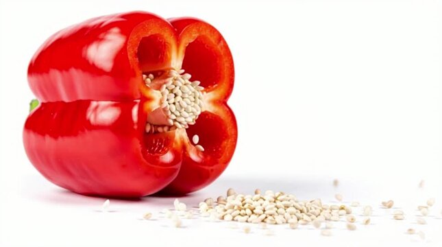 Red bell peppers, whole and sliced, displayed on a white background.