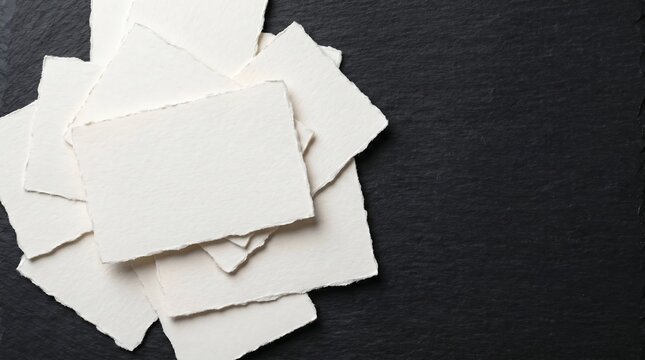 Messy stack of white cotton paper sheets with torn deckle edges resting on a dark textured natural slate stone surface for mockup presentations