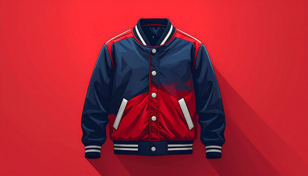 Varsity jacket with red and blue color blocking design