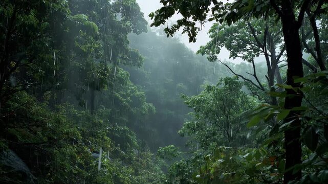 Rain falls on trees in a dense forest during late afternoon in a tropical region, creating a sound of nature and life among the greenery and foliage