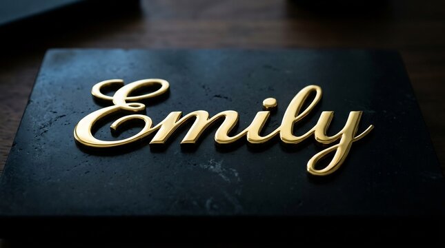 Emily name in gold 3d script on black stone