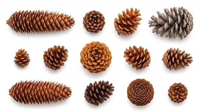 Collection of various pine cones in different shapes sizes and colors arranged on a white background