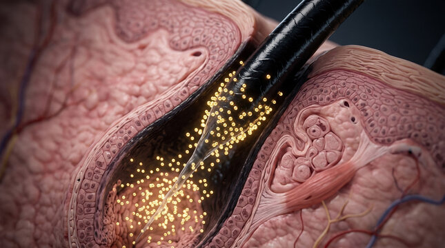 Exosome release action human skin medical visualization laboratory setting close-up view biotechnological concept