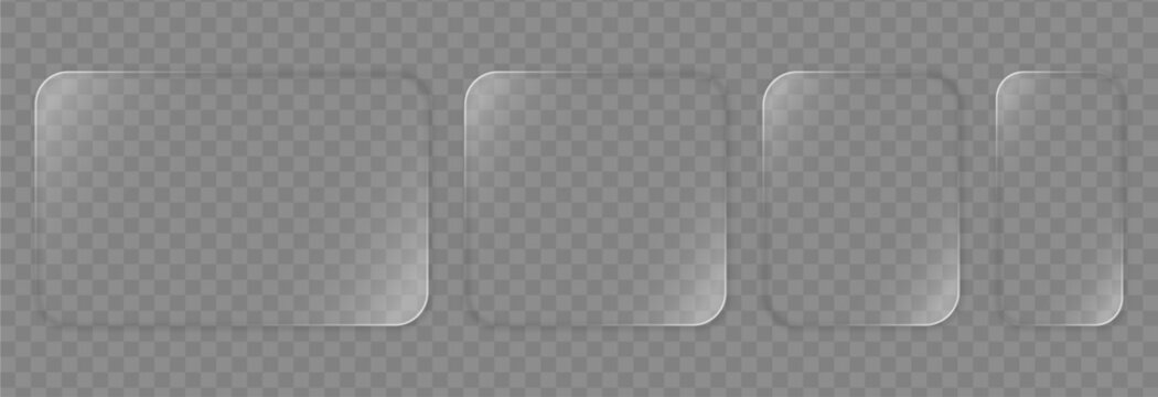 Set of four horizontal and vertical glassmorphism rounded rectangle panels with frosted texture on transparent background