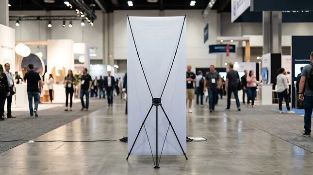 Blank white X-stand banner mockup at a busy trade show exhibition