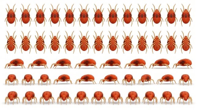 Collection of red velvet mites shown from different angles and perspectives on a white background