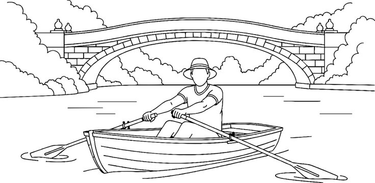 Person rowing small boat under historic stone bridge.