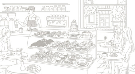 Obraz premium Cafe interior with pastries, barista, and customers enjoying coffee and cakes.