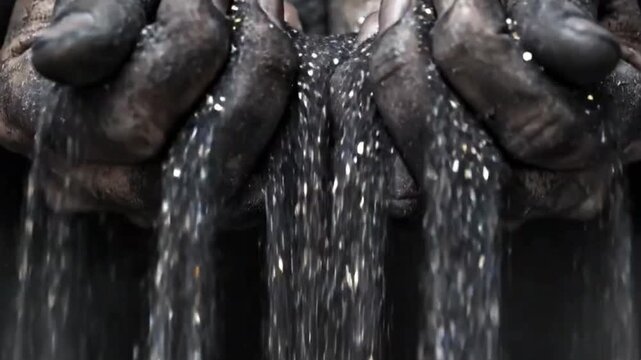 Dirty, ash-covered hands holding sparkling silver glitter, contrast between grime and luxury or precious materials, macro shot.