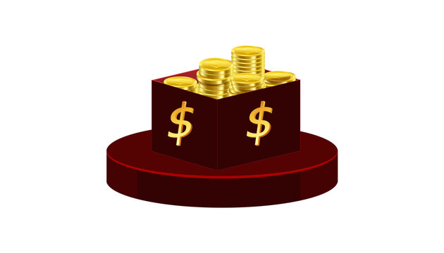 open gift box on a  podium with lots of golden coins, ideal for promotions and sales.