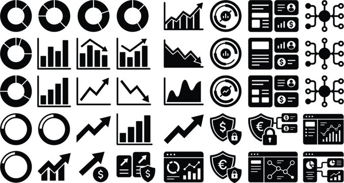 Financial data and analytics chart glyph icon set with donut, bar, line graph, growth arrow, dashboard, KPI, network, shield, and currency symbols for business reporting design
