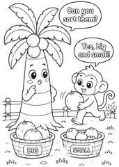 Fototapeta premium coloring book monkey sorting big and small coconuts with a smiling palm tree