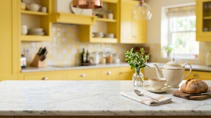 Fototapeta premium Yellow Kitchen with Marble Counter and Breakfast Setup for Home Decor