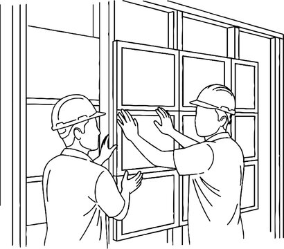 Two construction workers installing drywall panels together indoors.