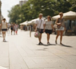 Fototapeta premium Blurred people walk on city pedestrian street in sunny day. Crowded people silhouettes in town square. Urban lifestyle background. Motion blur of people walking in summer city center.