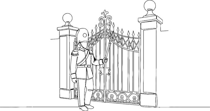 Illustration of guard opening ornate iron gate manually.
