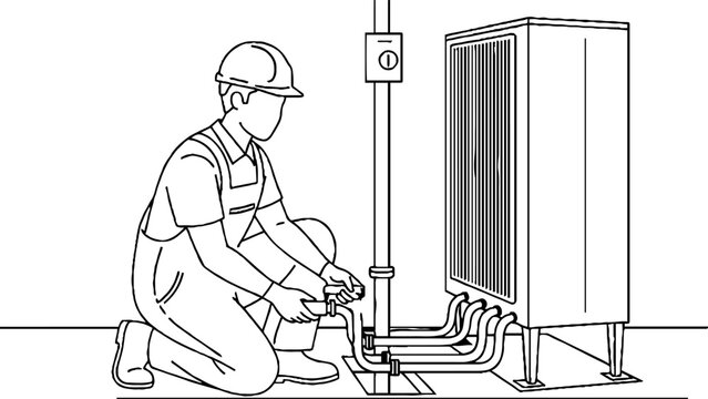 Electrician working on electrical control panel and piping.
