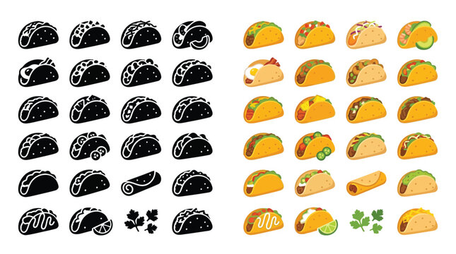 Collection of colorful and black and white taco illustrations, showcasing various fillings and styles, including a burrito and cilantro garnish.