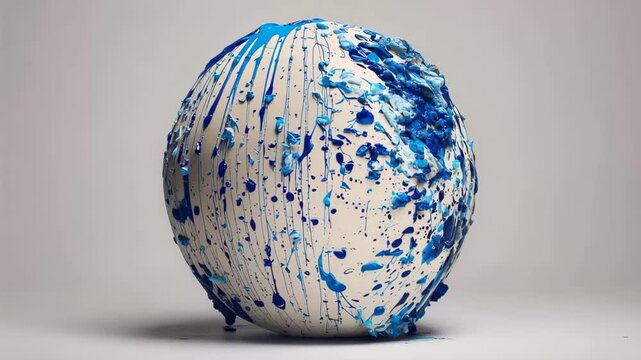 Art creation using paint on a round surface with blue and white colors during a modern art class in a studio setting