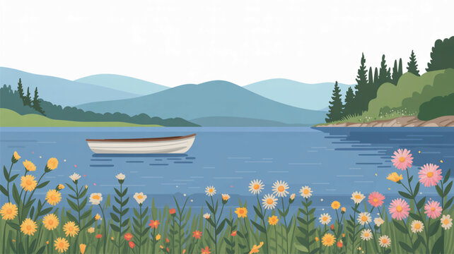 A solitary small boat floats peacefully on a blue lake framed by a colorful foreground of blooming daisies and wildflowers against mountain silhouettes in vector art.