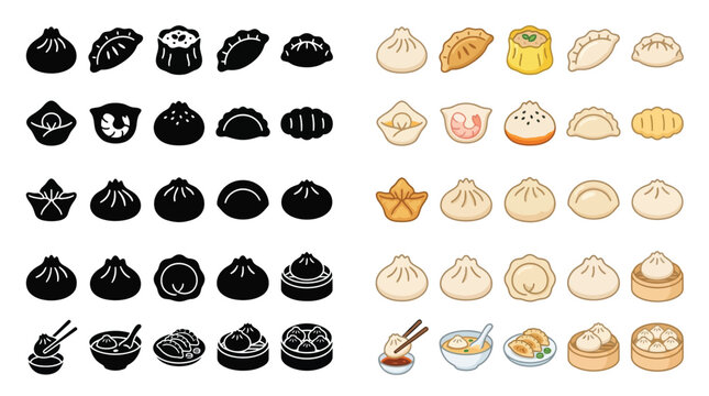 Collection of various dumplings and dim sum icons, both in silhouette and colorful illustrations, representing Asian cuisine.