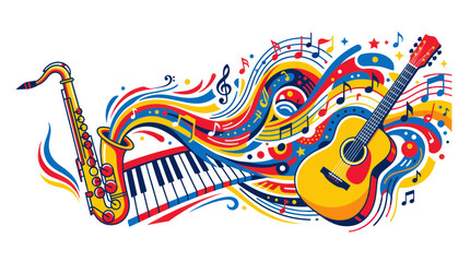 Vibrant Music Wave with Saxophone, Guitar, and Piano Keys © Lilis